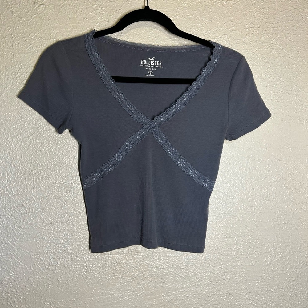 Hollister Dark Blue Lace-Trim Baby Tee Crop Top